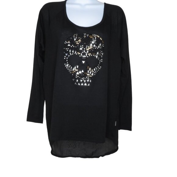 Vintage 90s Y2K Volcom Black Top Womens M Skull Long Sleeve Sheer Back - Picture 3 of 8
